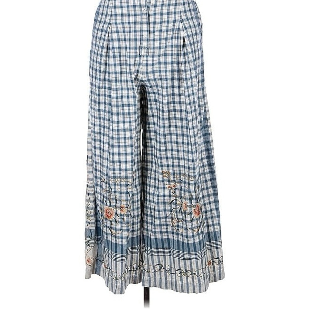 Vintage Anthropologie - Blue Checkered Jumpsuit with Floral Embroidery